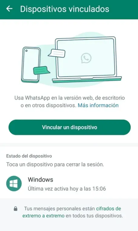 La pantalla de Dispositivos vinculados en WhatsApp